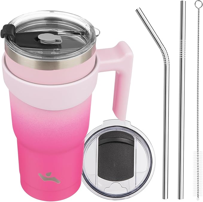 20 oz Tumbler with Handle and 2 Straw 2 Lid, Insulated Water Bottle Stainless Steel Vacuum Cup Reusable Travel Mug, Cherry