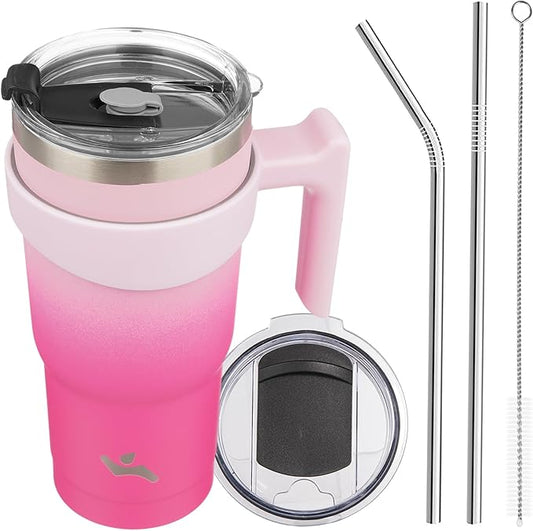 20 oz Tumbler with Handle and 2 Straw 2 Lid, Insulated Water Bottle Stainless Steel Vacuum Cup Reusable Travel Mug, Cherry