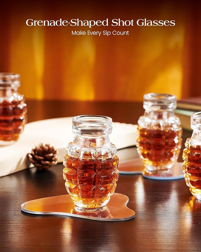 Kollea Grenade Shaped Shot Glasses, Shot Cups with Heavy Base for Whiskey, Tequila, Vodka, Liquors, Set Of 6, 2.37 oz, 21st Birthday Gifts for Men Dad, Military Cave Decor, Bartender, Christmas