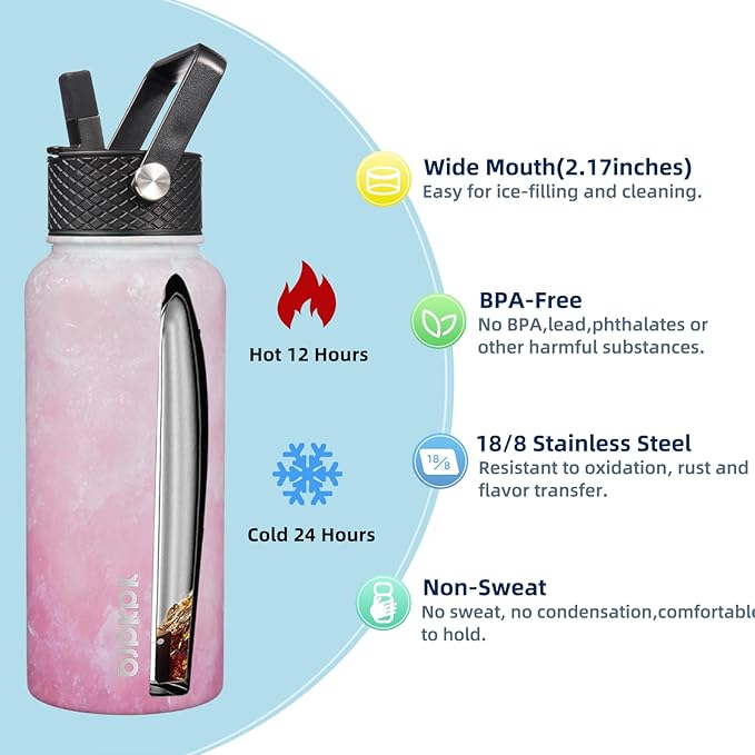 BJPKPK 2 Pack Insulated Water Bottles with Straw Lids, 32oz Stainless Steel Metal Water Bottle with 6 Lids, Leak Proof BPA Free Jugs, Cups, Flasks for Travel, Sports (Blossom+Ocean)