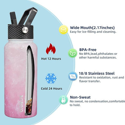 BJPKPK 2 Pack Insulated Water Bottles with Straw Lids, 32oz Stainless Steel Metal Water Bottle with 6 Lids, Leak Proof BPA Free Jugs, Cups, Flasks for Travel, Sports (Blossom+Ocean)