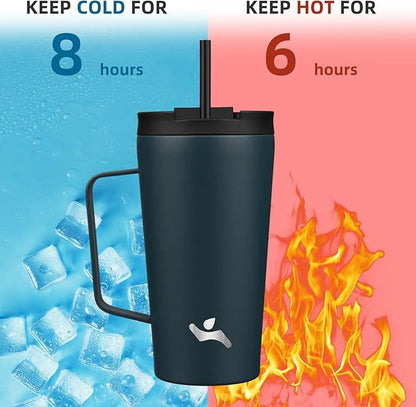 Insulated Tumbler with Handle and Straw, 18 OZ Travel Coffee Mug Stainless Steel Cup Metal Water Bottle,Navy Blue