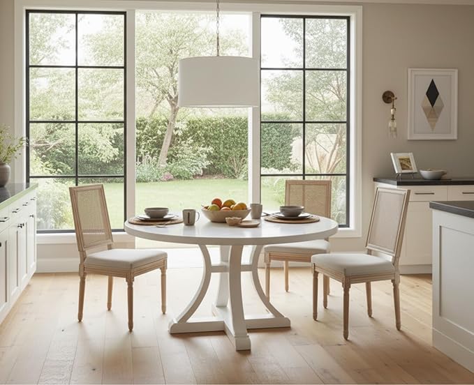 CIMOTA Farmhouse Dining Chairs Set of 6, French Rattan Dining Room Chairs with Rectangle Back/Distressed Wood Upholstered Vintage Side Chairs for Kitchen/Restaurant, Beige/6PCS