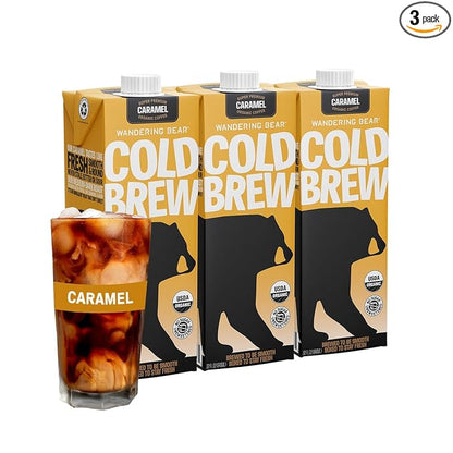 Wandering Bear Organic Caramel Cold Brew Coffee, 32 fl oz, 3 pack - Extra Strong, Smooth, Organic, Unsweetened, Shelf-Stable, and Ready to Drink Iced Coffee, Cold Brewed Coffee
