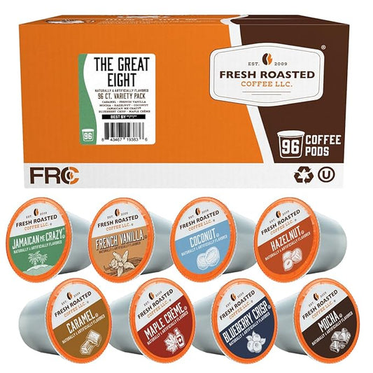 Fresh Roasted Coffee, The Great Eight, Flavored Coffee Pod Variety Pack, K-Cup Compatible, 96 Count