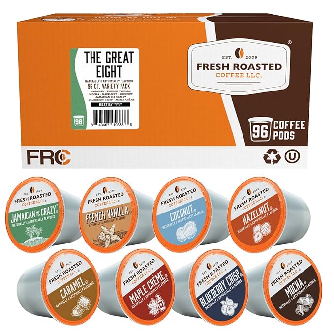 Fresh Roasted Coffee, The Great Eight, Flavored Coffee Pod Variety Pack, K-Cup Compatible, 96 Count