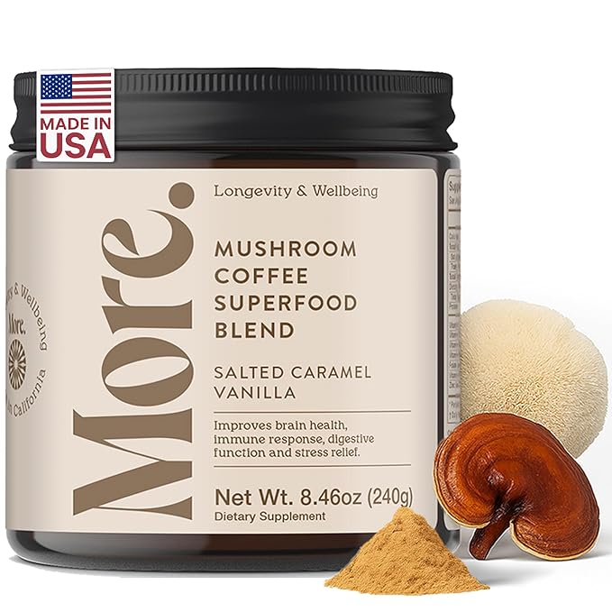 More. Longevity & Wellbeing Mushroom Coffee Superfood – 7 Functional Mushrooms with Lion’s Mane, Reishi, Chaga & Ashwagandha Extract, Instant Coffee Alternative with Prebiotics and Essential Vitamins for Focus & Energy, Salted Caramel Vanilla