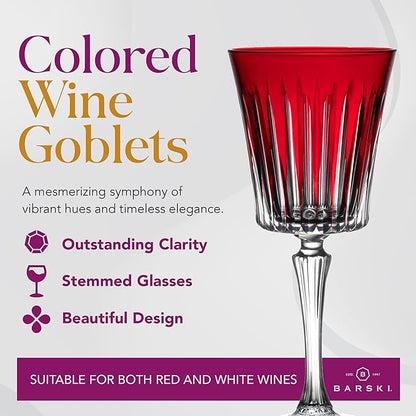 Barski European Colored Wine Glasses - Set of 6 Wine Goblets for Red Wine or White Wine - Elegant Colored Glassware Water Goblets - Gift Ready Colored Stemware, Colorful Wine Glasses, 10 oz, Ruby