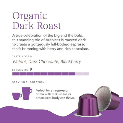 Cru Kafe Dark Roast USDA Organic Espresso Coffee Capsules (50 Pods) Fairtrade Coffee Pods Compatible with Nespresso Original Line and Pixie Machines