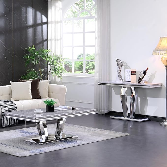 Coffee Table Set, 48 inches Modern Silver Coffee Table with 4 Geometric Mirrored Bases and Rectangular Silver Console Table with Gray Top for Living Room (Coffee Table + Console Table)