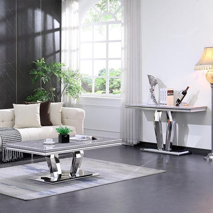 Coffee Table Set, 48 inches Modern Silver Coffee Table with 4 Geometric Mirrored Bases and Rectangular Silver Console Table with Gray Top for Living Room (Coffee Table + Console Table)