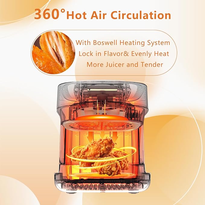 BOSWELL Glass Air Fryer, 7.5 QT with Transparent Fry Bowl, Circulating Heating, Temperature Control, Stainless Steel Air Fryer Roast, Dishwasher Safe (Green)