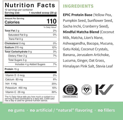 Sprout Living Epic Protein, Plant Based Protein & Superfoods Powder, Mindful Matcha | 17 Grams Organic Protein Powder, Vegan, Non-GMO, Gluten Free, Adaptogens + Nootropics (1 Pound, 12 Servings)
