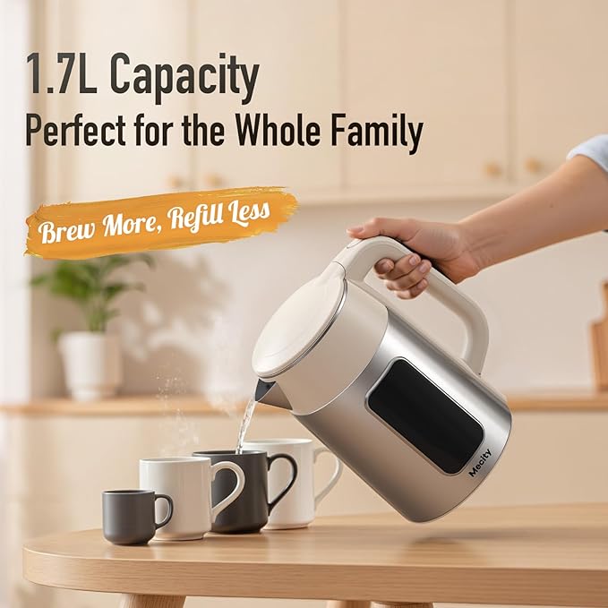 Mecity Electric Kettle 1.7L Touch Screen Temperature Control Water Boiler, No Plastic Contact with Water. 6 Presets For Tea and Coffee, 2 Hours Keep Warm, Cream & Stainless Steel Color