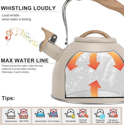 Tea Kettle, Vegoran 100 OZ / 3 Liter Whistling Tea Kettle, Tea Pots for Stove Top Food Grade Stainless Steel with Wood Pattern Folding Handle, Loud Whistle Kettle for Tea, Coffee, Milk (Milk White)
