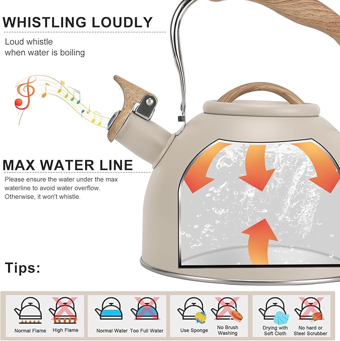 Tea Kettle, Vegoran 100 OZ / 3 Liter Whistling Tea Kettle, Tea Pots for Stove Top Food Grade Stainless Steel with Wood Pattern Folding Handle, Loud Whistle Kettle for Tea, Coffee, Milk (Milk White)