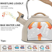 Tea Kettle, Vegoran 100 OZ / 3 Liter Whistling Tea Kettle, Tea Pots for Stove Top Food Grade Stainless Steel with Wood Pattern Folding Handle, Loud Whistle Kettle for Tea, Coffee, Milk (Milk White)