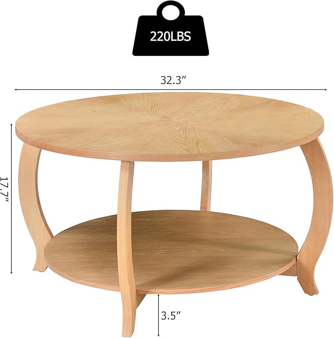 32.3” Round Coffee Table with Storage Shelf, Classic Living Room Tables with Oak Wood Veneer Tabletop, Cocktail Tea Table- with Curved Leg, 220 LBS Capacity, Easy Assembly Natural KFZ-D10040-LT