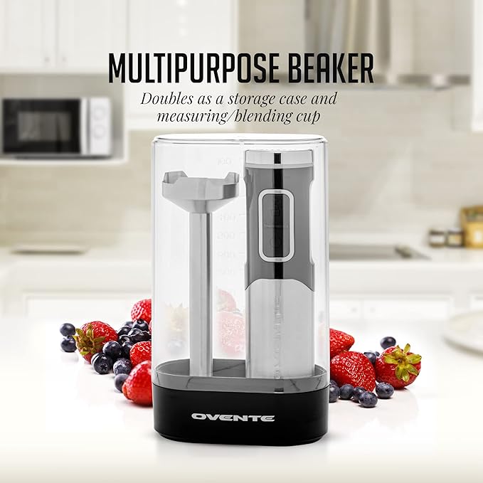 OVENTE Cordless Immersion Hand Blender, Rechargeable Handheld Portable Stick Mixer with 8 Mixing Speed Option, One-Touch Control and Stainless Steel Blades for Smoothies, Shakes or Soups, Black HR981B