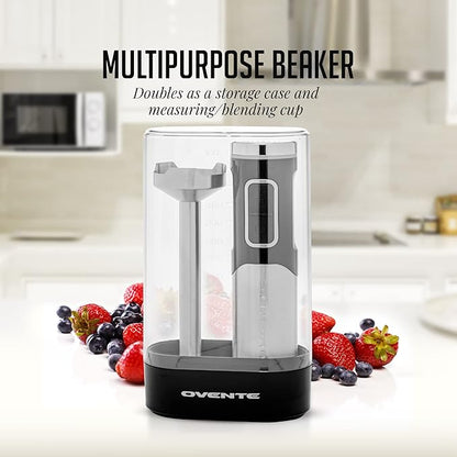 OVENTE Cordless Immersion Hand Blender, Rechargeable Handheld Portable Stick Mixer with 8 Mixing Speed Option, One-Touch Control and Stainless Steel Blades for Smoothies, Shakes or Soups, Black HR981B