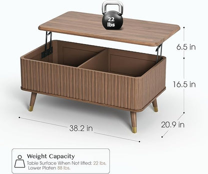 Lift Top Coffee Table, Mid Century Modern Coffee Table with Hidden Storage Compartment, 38" Fluted Center Table for Living Room, Home Office, Walnut