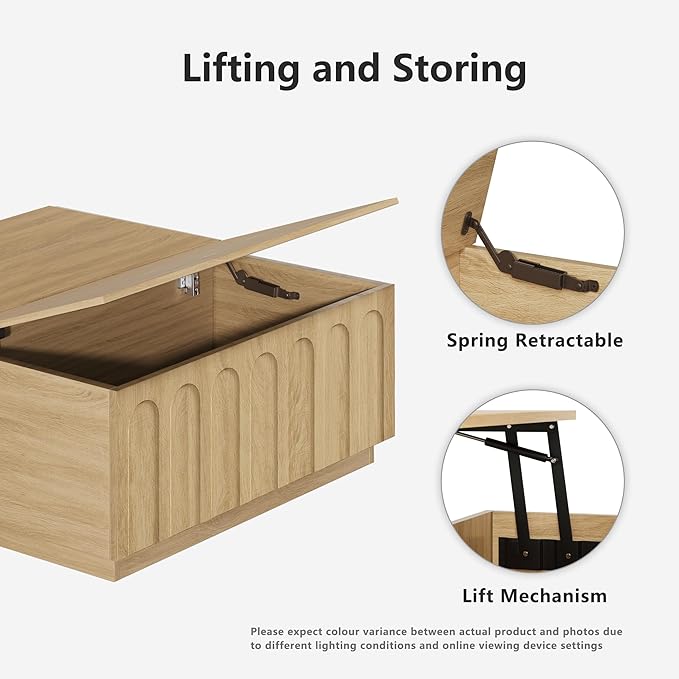 Lift Top Coffee Table with Storage, Modern Coffee Table with Arched Design, 31.5" Square Tea Table with Wood Grain, Boho Multifunctional Center Table for Living Room, Office, Oak