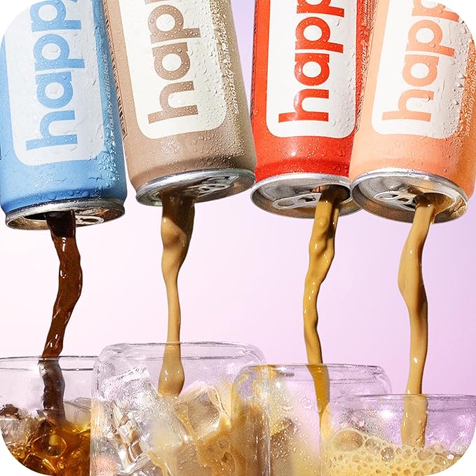 happy coffee cold brew, 11 oz. cans, 12 pack, notes of chocolate & genius, 100% arabica beans, no artificial flavors or sweeteners