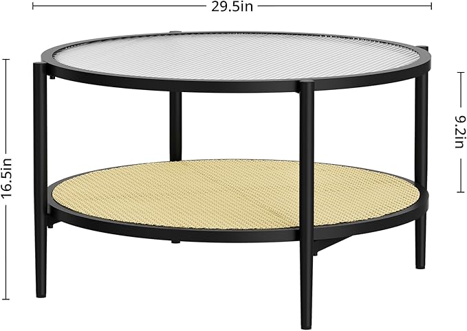 29.5" Round Coffee Table, Black Rattan & Glass 2-Tier Modern Boho Side Table for Living Room, Mid Century Accent Table with Lower Shelf 29.5" D x 16.5" H