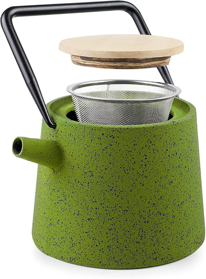 IBILI 40 Oz Cast Iron Teapot, Stainless Steel Infuser, Enameled Interior, Stovetop & Induction Compatible, Japanese Kettle for Loose Leaf Tea, Tetsubin Design, Earthy Bamboo Green, Made in Spain