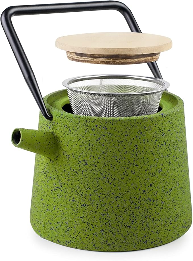 IBILI 40 Oz Cast Iron Teapot, Stainless Steel Infuser, Enameled Interior, Stovetop & Induction Compatible, Japanese Kettle for Loose Leaf Tea, Tetsubin Design, Earthy Bamboo Green, Made in Spain