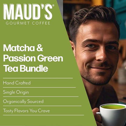 Maud's Organic Passion Green Tea Pods & Organic Matcha Green Tea Bundle, 48 ct, Recyclable Single Serve Tea Pods – 100% Gourmet Blended Tea Leaves, Compatible with Keurig K Cups Maker