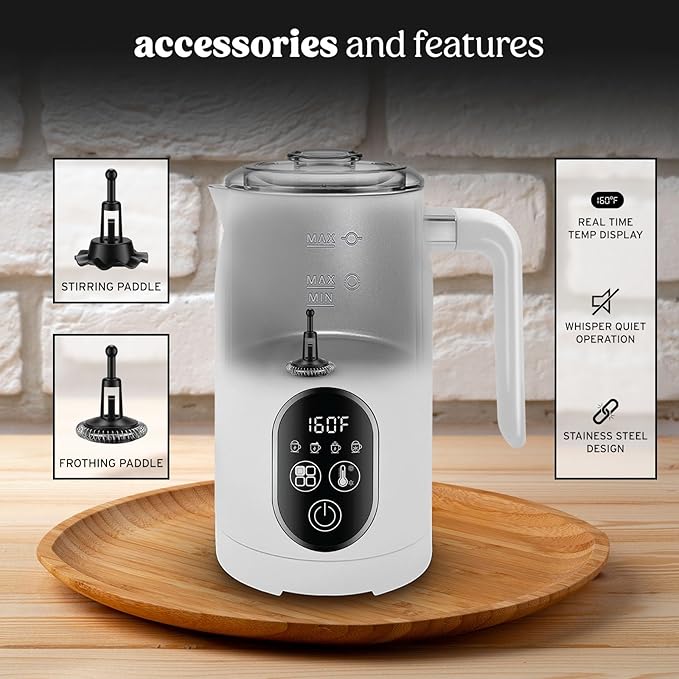 NELO Electric Milk Frother, 4 In 1 Digital Milk Frother and Steamer with Real-Time Temperature Control, Automatic Frother for Coffee, Latte, Hot Chocolate, Cappuccino, BPA Free Stainless Steel (White)