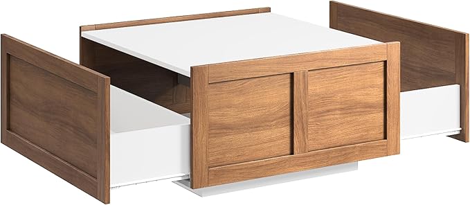 Farmhouse Coffee Table with 2 Storage Drawers for Living Room Square Center Middle Table Modern Cocktail Table Contemporary Mid Century Wood Home Office Waiting Room (White Brown)