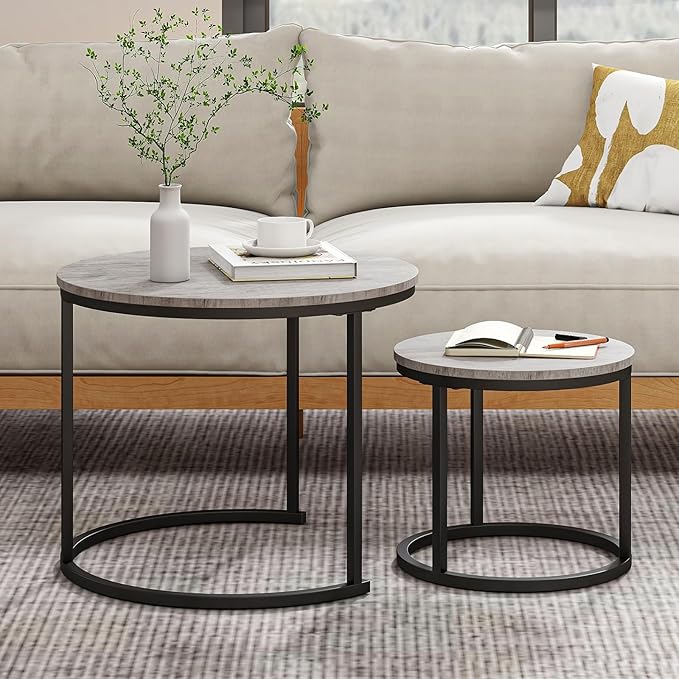 Round Coffee Table Set of 2 for Living Room,Black Small Coffee Table Living Room,Nesting Tables Metal Frame/Wood,Sturdy/Easy Assembly,Stacking Side Tables Bedroom,Grey