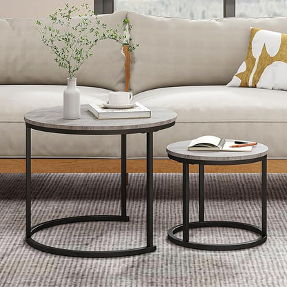Round Coffee Table Set of 2 for Living Room,Black Small Coffee Table Living Room,Nesting Tables Metal Frame/Wood,Sturdy/Easy Assembly,Stacking Side Tables Bedroom,Grey