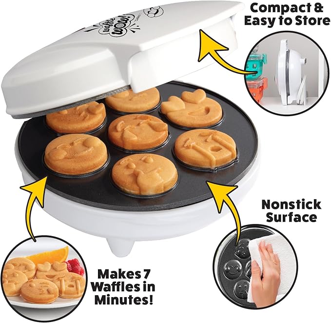 Mini Emojis Waffle Maker for Special Breakfast- Make 7 Unique Smiley Face Waffles Pancakes- Electric Non Stick Iron Feat Kiss Face Heart Eyes & Smile with Recipes, Gift for Her Kids- Licensed by Emoji