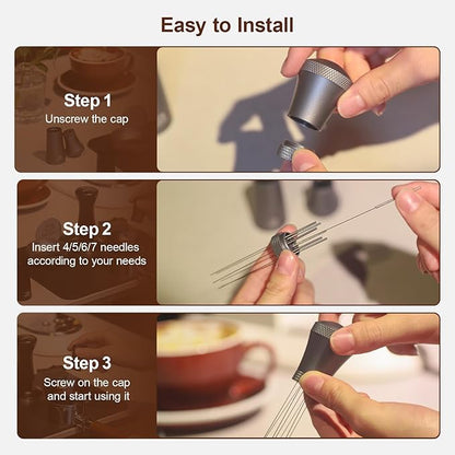 WDT Espresso Distribution Tool Espresso Stirrer Tools for Barista, 0.35mm 7 Needles Espresso Coffee Stirrer with Extra 7 Replaceable Needles, Aluminum Alloy Handle with Stand (Grey)