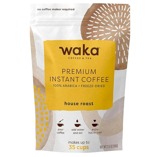 Waka Premium Instant Coffee Pouch — 100% Arabica Freeze Dried Beans — For Hot or Iced Coffee (3.5 Ounces, House Roast)