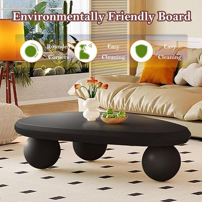 Black Oval Coffee Table - Ball Legs, Stylish Chic Wood Center Table - Smooth Round Corner Finishes Design, Easy to Clean & Assemble (G-39.37in)