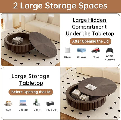 Round Coffee Table with Storage 31.4" Modern Brown Fluted Coffee Table Low Round Storage Drum Pedestal Coffee Tables for Living Room Farmhouse (Brown A 31.4in)