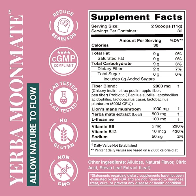 Yerba Mate Instant Tea Powder, 4-in-1 Functional Yerba Extract with Prebiotics & Probiotics, Low Sugar Clean Energy Drink for Focus, Gut Health & Reduce Brain Fog, Strawberry Matcha - 30 Servings