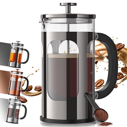 Veken French Press Coffee Maker 34oz 1 L, Heat Resistant Thickened Borosilicate Glass, No Plastic Touching Cafe, Stainless Steel Brewer,Cold Brew Cafetera Teapot for Kitchen Travel Camping,Dark Pewter