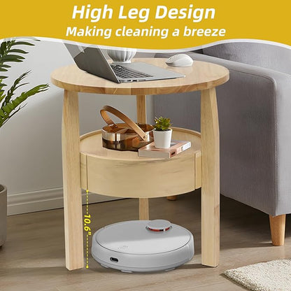 Round Coffee Table with Hidden Drawer - 20" D x 20" H Real Oak Wood Round Side Table with Storage, 2-Tier Round End Table for Sofa, Small Circle Coffee Table with Drawer for Living Room, Beige