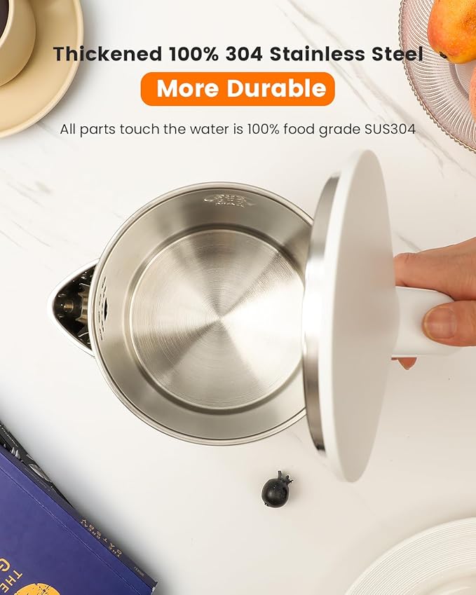 Electric Kettle Stainless Steel, 1.0L Small Water Boiler 1200W Fast Boiling, Double Wall Tea Kettle Pot Automatic Shut Off, Durable Coffee & Tea Maker/Warmer/Heater White