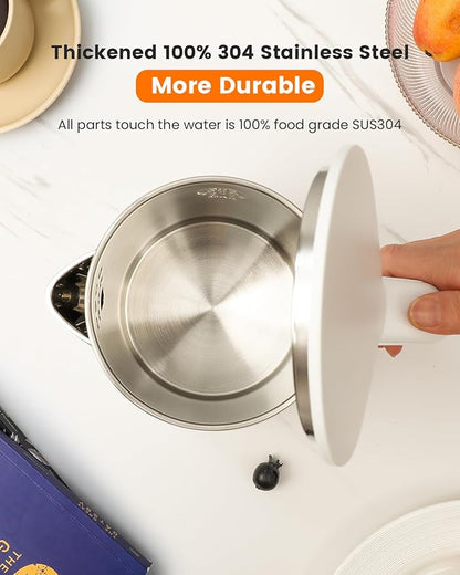 Electric Kettle Stainless Steel, 1.0L Small Water Boiler 1200W Fast Boiling, Double Wall Tea Kettle Pot Automatic Shut Off, Durable Coffee & Tea Maker/Warmer/Heater White
