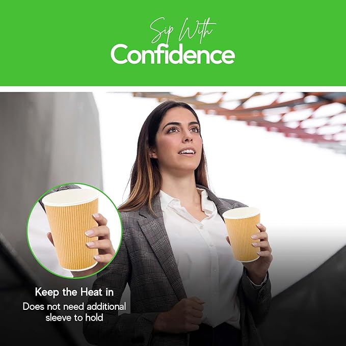 500-CT Disposable Kraft 12-OZ Hot Beverage Cups with Ripple Wall Design: No Need for Sleeves - Perfect for Cafes - Eco-Friendly Recyclable Paper - Insulated - Wholesale Takeout Coffee Cup