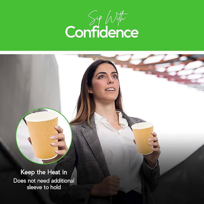 500-CT Disposable Kraft 12-OZ Hot Beverage Cups with Ripple Wall Design: No Need for Sleeves - Perfect for Cafes - Eco-Friendly Recyclable Paper - Insulated - Wholesale Takeout Coffee Cup