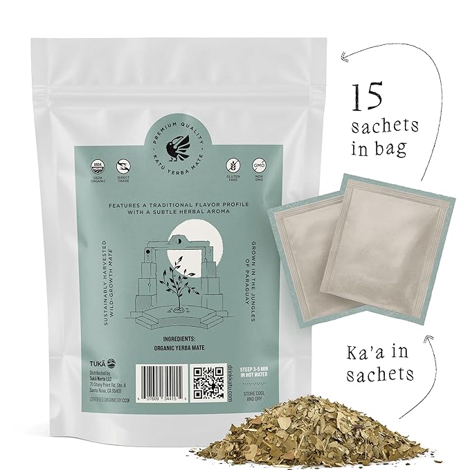 Katú Ka'a Teabags, Premium Organic Raw Yerba Mate Tea, Air-Dried, Unroasted, Smooth Traditional Taste, Natural Energy, 15 Sachets