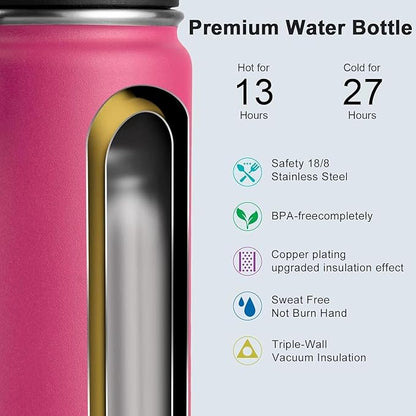 koodee Insulated Water Bottle, 18 oz Stainless Steel Double Wall Vacuum Wide Mouth Sport Bottle with Leakproof Spout Lid (Rose Red)