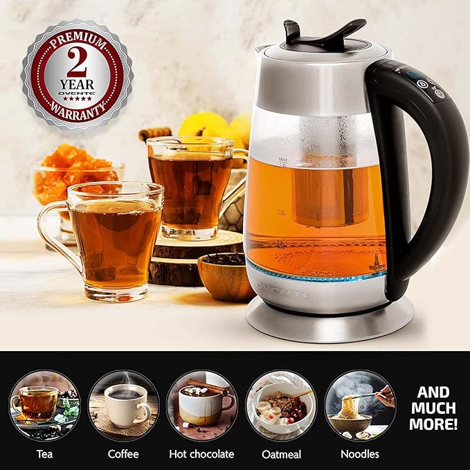 OVENTE Electric Tea Kettle with Temperature Control and Removable Tea Infuser, 1500W Water Boiler and Heater with 1.8L Borosilicate Glass, BPA Free, Auto Shut Off & Boil Dry Protection, Silver KG6610S
